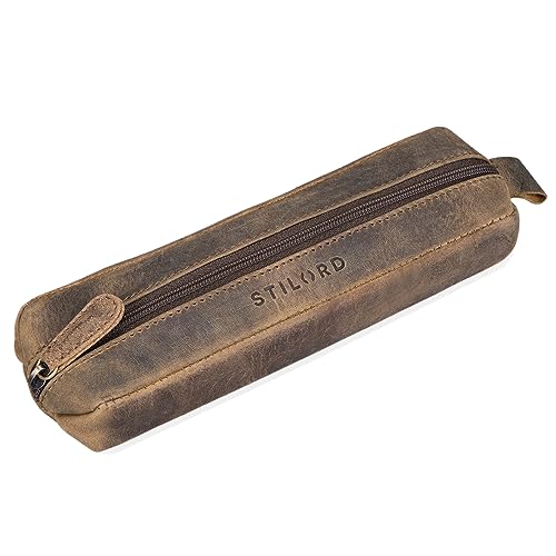 STILORD 'Quinn' Leder Federmäppchen rund Vintage Lederetui Stifte Rolle rundes Federmappe groß Stiftemappe Damen Herren Faulenzer Echtleder, Farbe:mittel - braun von STILORD