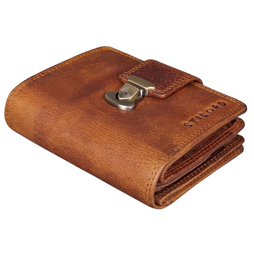 STILORD 'Reese' Elegante Geldbörse mit RFID Schutz Damen Herren Echtleder Portemonnaie mit Schnappverschluss Hochformat - Retro Trifold Leder Brieftasche mit Geschenkbox, Farbe:Kara - Cognac von STILORD