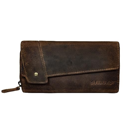 STILORD 'Sophia' Portemonnaie Damen Leder RFID NFC Schutz Vintage Geldbörse Groß Geldbeutel mit Reißverschluss und Ausleseschutz in Geschenkbox, Farbe:Sepia - braun Plain von STILORD