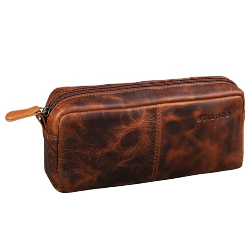 STILORD 'Spencer' Leder Federmappe Vintage mit Reißverschluss Kosmetiktasche Organizer Stiftemappe Schlamperrolle Schlampermäppchen Etui Echtes Leder, Farbe:Kara - Cognac von STILORD