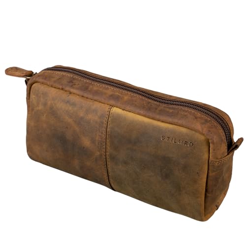 STILORD 'Spencer' Leder Federmappe Vintage mit Reißverschluss Kosmetiktasche Organizer Stiftemappe Schlamperrolle Schlampermäppchen Etui Echtes Leder, Farbe:mittel - braun von STILORD