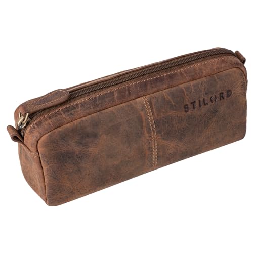STILORD 'Spencer' Leder Federmappe Vintage mit Reißverschluss Kosmetiktasche Organizer Stiftemappe Schlamperrolle Schlampermäppchen Etui Echtes Leder, Farbe:Calais - braun von STILORD
