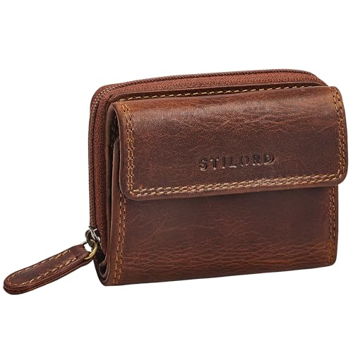 STILORD 'Suki' Kleines Portemonnaie Damen Leder Geldbeutel - Mini Geldbörse mit Reißverschluss Retro Lederbörse mit Extra Münzfach - Echtleder Börse in edler Geschenkbox, Farbe:Kara - Cognac von STILORD
