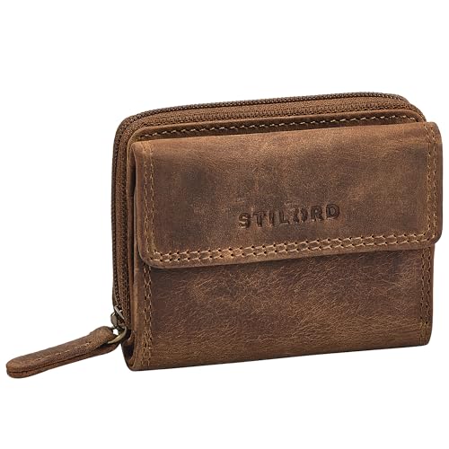 STILORD 'Suki' Kleines Portemonnaie Damen Leder Geldbeutel - Mini Geldbörse mit Reißverschluss Retro Lederbörse mit Extra Münzfach - Echtleder Börse in edler Geschenkbox, Farbe:mittel - braun von STILORD