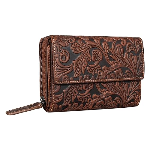 STILORD 'Thea' Damen Geldbeutel Leder RFID Geldbörse Groß Vintage Portemonnaie für Frauen NFC Schutz Ledergeldbörse mit Reißverschluss in Geschenkbox Echtleder, Farbe:Bergamo - braun floral von STILORD