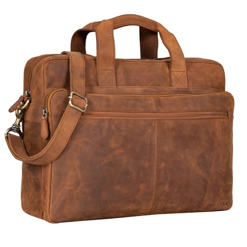 STILORD 'Thompson' Vintage Ledertasche Business Tasche Groß Aktentasche Lehrertasche zum Umhängen für Laptop DIN A4 Bürotasche Trolley Aufsteckbar Echtes Leder, Farbe:tan - Dunkelbraun von STILORD