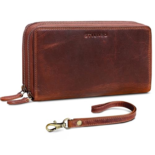 STILORD 'Thor' XXL Leder Portemonnaie Herren Cognac Lang Doppelter Reißverschluss RFID & NFC Große Brieftasche 25 Kartenfächer Handgelenktasche Echtleder mit Handschlaufe von STILORD