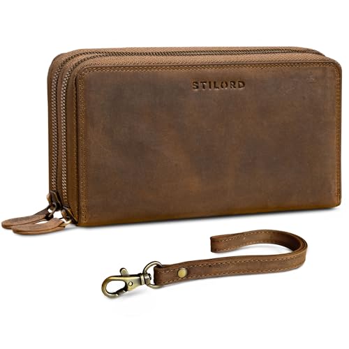 STILORD 'Thor' XXL Portemonnaie Herren Leder Braun Lang Doppelter Reißverschluss RFID & NFC Große Brieftasche 25 Kartenfächer Handgelenktasche Echtleder mit Handschlaufe von STILORD