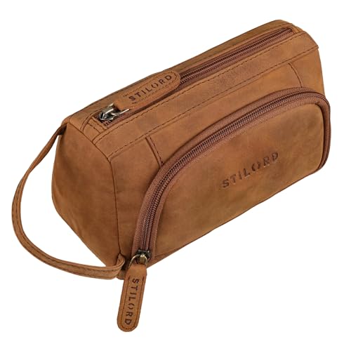 STILORD 'Tony' Vintage Federmäppchen Leder Groß Stifteetui Stiftemappe mit Reißverschluss Vintage Federmappe Kosmetiktasche Schlamper-Mäppchen Etui Echtleder, Farbe:tan - dunkelbraun von STILORD