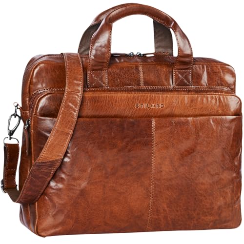 STILORD 'Verus' Vintage Ledertasche groß Aktentasche Laptoptasche Umhängetasche mit Reißverschluss und abnehmbaren Schultergurt Lehrertasche Leder, Farbe:Brandy - braun von STILORD