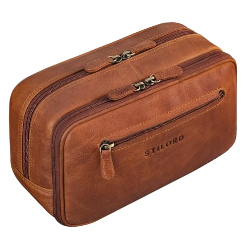 STILORD 'Voyager' Vintage Leder Kulturtasche Herren Damen Groß Kulturbeutel Echtleder Kosmetiktasche für Reisen Make-up Kosmetik mit Handschlaufe, Farbe:Kara - Cognac von STILORD