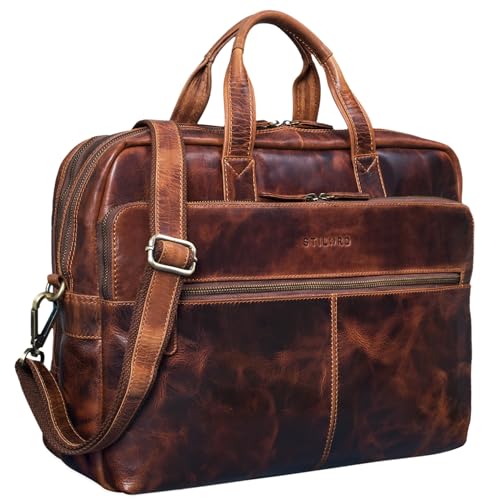 STILORD 'William' Businesstasche Leder groß XL Lehrertasche Aktentasche 15,6 Zoll Laptoptasche Bürotasche Ledertasche Vintage Umhängetasche Echtleder, Farbe:Kara - Cognac von STILORD