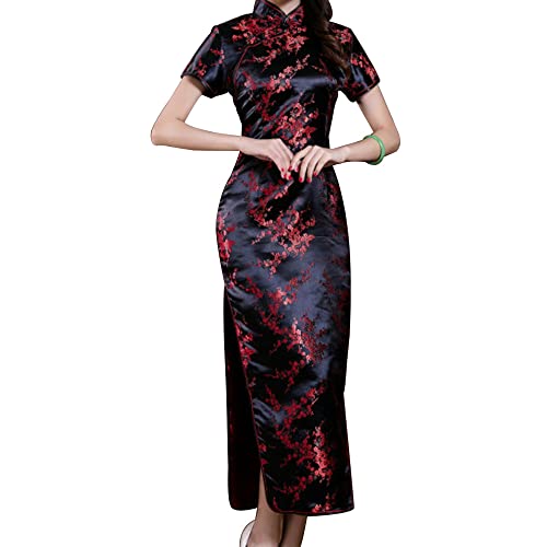 Cheongsam Langes Damenkleid, Abendkleid, kurze Ärmel, schmale Passform, Maxikleid, Blumenmuster, Kunstseide, Stehkragen, figurbetont, Qipao, Schwarze Blume, Groß von STIOEDYUAN