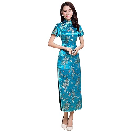 Frauen Cheongsam Langes Kleid Abend Kurzarm Slim Fit Maxi Kleid Floral Faux Seide Stehkragen Bodycon Qipao, Blauer Drache, 3X-Groß von STIOEDYUAN