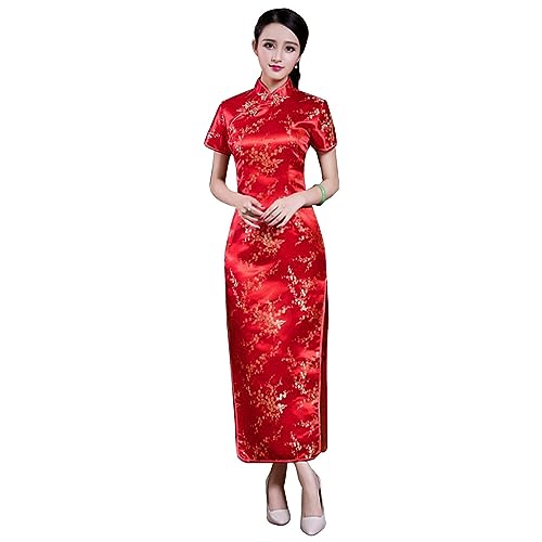 STIOEDYUAN Frauen Cheongsam Langes Kleid Abend Kurzarm Slim Fit Maxi Kleid Floral Faux Seide Stehkragen Bodycon Qipao, Red Flower, Klein von STIOEDYUAN