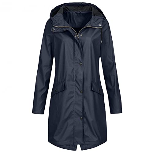 STKOOBQ Wasserdichte Damen-Regenjacke mit Kapuze, gefüttert, Outdoor-Windjacke, lange Ärmel, Reißverschluss, Trenchcoat mit Pattentaschen, navy, 50 von STKOOBQ