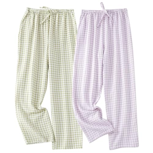 STMAHER 2-Pack Frauen Baumwolle Pyjama Bottoms Leichte Schlaf-Lounge Hosen Plaid Nachtwäsche Lange Pj Hosen Mit Tasche GP L2 von STMAHER