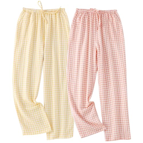 STMAHER 2-Pack Frauen Baumwolle Pyjama Bottoms Leichte Schlaf-Lounge Hosen Plaid Nachtwäsche Lange Pj Hosen Mit Tasche RY L2 von STMAHER