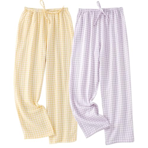 STMAHER 2-Pack Frauen Baumwolle Pyjama Bottoms Leichte Schlaf-Lounge Hosen Plaid Nachtwäsche Lange Pj Hosen Mit Tasche YP M1 von STMAHER