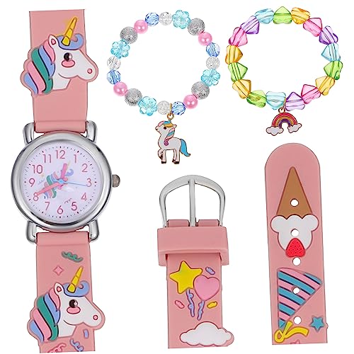 STOBOK Mädchenuhr Armband Set Quarz Armbanduhr mit Einhorn Muster Herz Perlenarmband für Süßes Schmuckset für Geburtstags von STOBOK