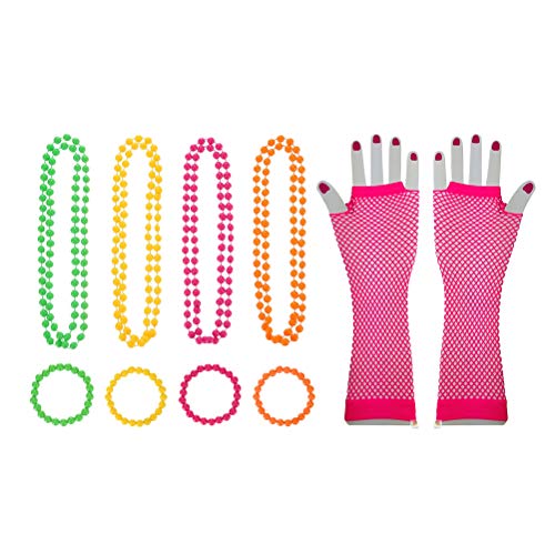 STOBOK Party Neon Anhänger Armband Perlenkette Fischnetz Auge Lange Handschuhe (Halskette x 4 + Armband x 4 + Wassermelone rote Handschuhe x 1) von STOBOK