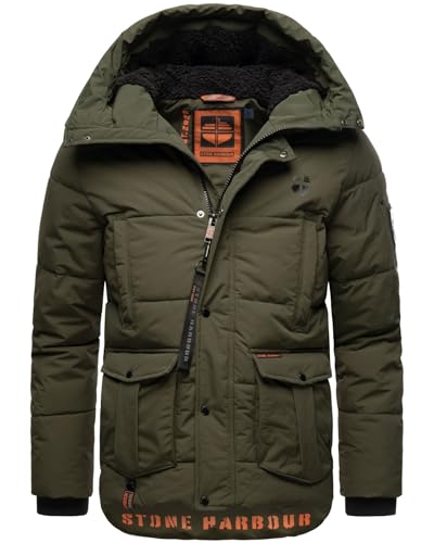 STONE HARBOUR Herren Parka Winterjacke mit Kapuze Steppjacke B733 [B733-Admar-Olive-Gr.XL] von STONE HARBOUR