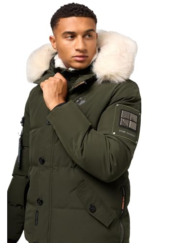 STONE HARBOUR Herren Winterjacke Parka mit Abnehmbarer Kunstfellkapuze Halvaar Olive mit weißem Fell Gr. L von STONE HARBOUR