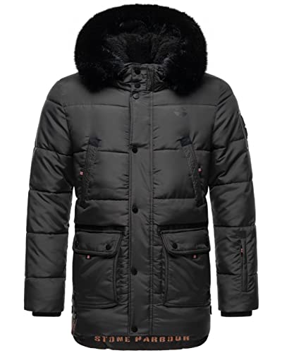 STONE HARBOUR Herren Winterjacke warme Steppjacke mit Kapuze und abnehmbarem Kunstfell-Kragen Mironoo Anthracite Gr. XL von STONE HARBOUR