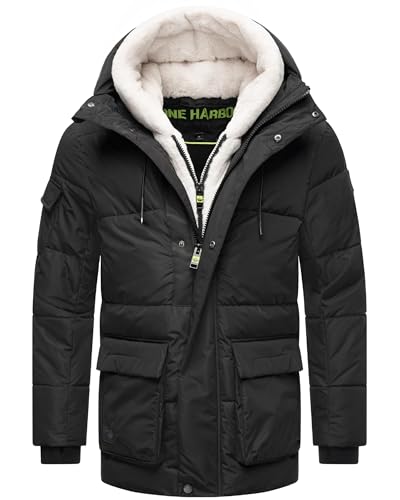 STONE HARBOUR Herren Winterjacke warme Steppjacke mit Kapuze und flauschigem Teddyfleece-Einsatz Lauroo XX Black Gr. L von STONE HARBOUR