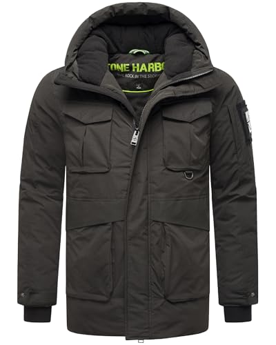 STONE HARBOUR Herren warme Kurze Winterjacke mit magnetischer Abdeckleiste und Verstellbarer Kapuze Edriik XX Black Gr. L von STONE HARBOUR
