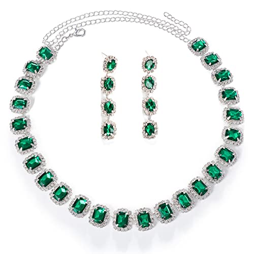 STONEFANS Smaragdgrüne Strass-Choker-Halskette für Damen, funkelnd, quadratisch, Strass-Halsband, Statement-Halsschmuck (grünes Schmuckset), Sterlingsilber, Adjustable, Sterling-Silber, Smaragd, von STONEFANS