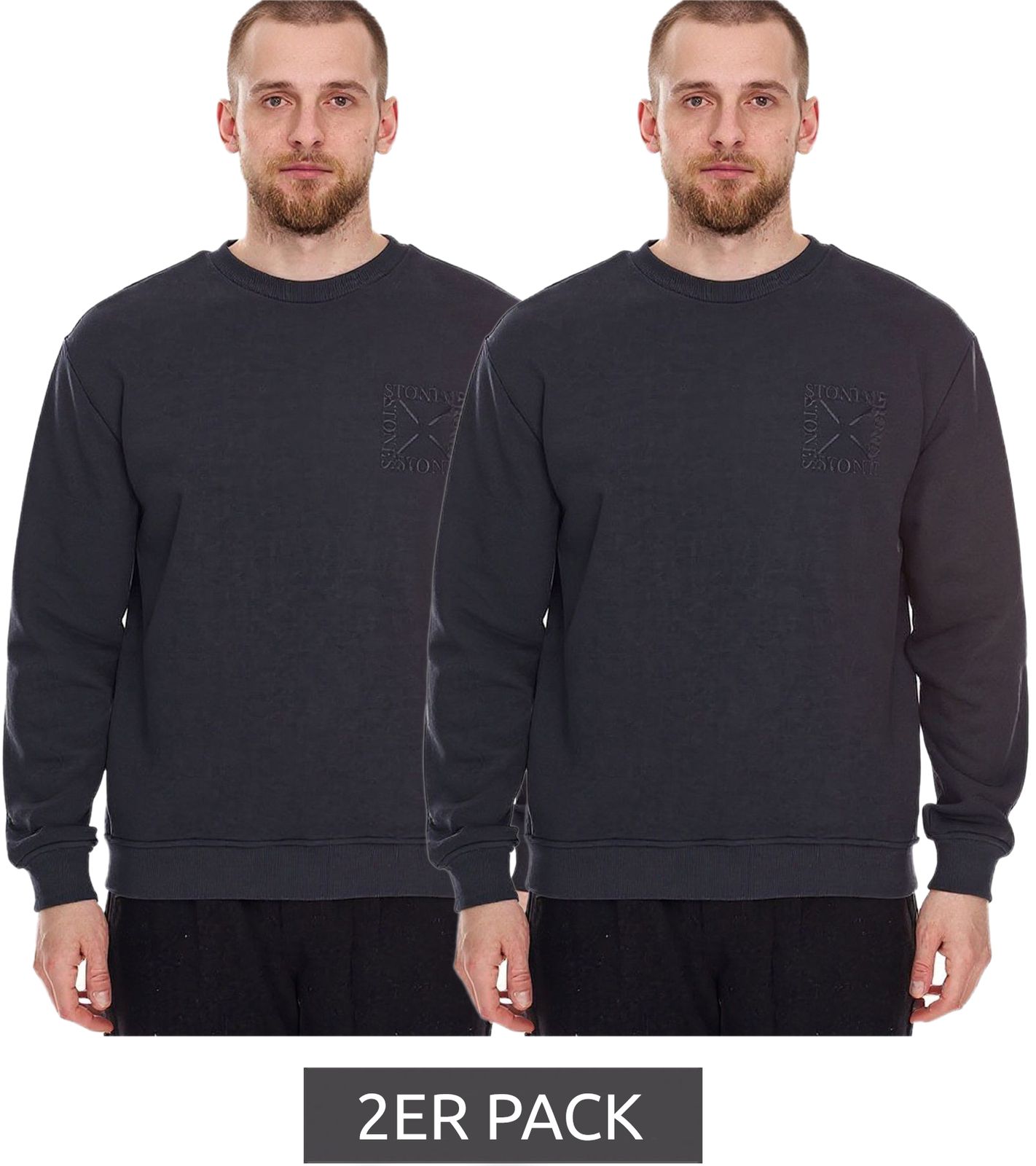 2er Pack STONES Herren Basic-Pullover moderner Baumwoll-Sweater Sweatshirt Langarm-Shirt 400gsm Dunkel-Grau von STONES