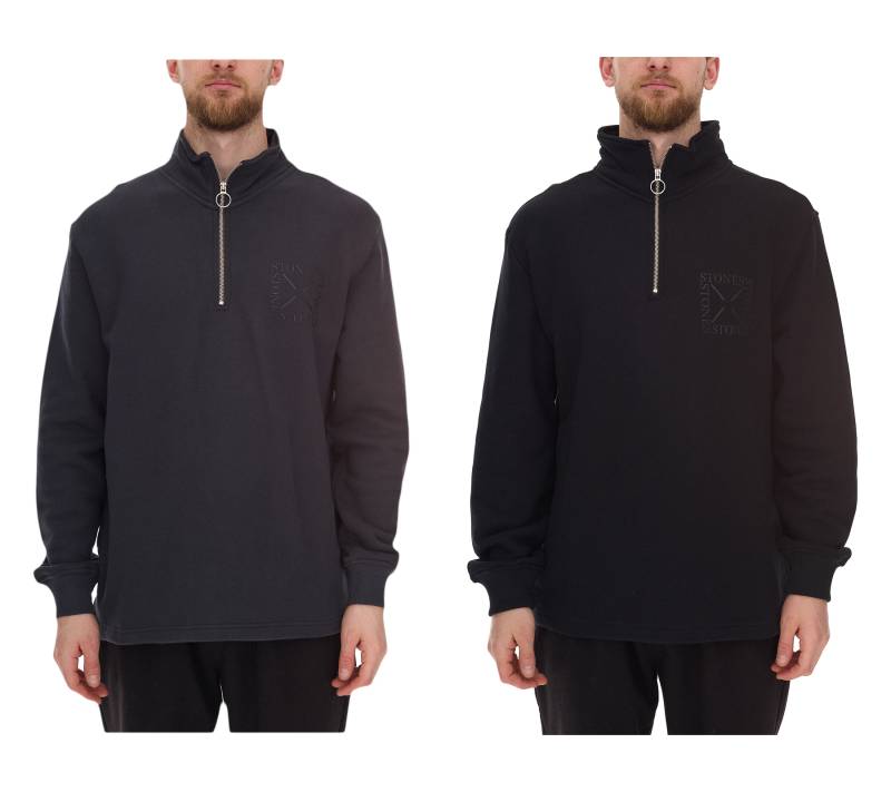STONES Herren Pullover Oversized-Half-Zipper moderner Baumwoll-Half-Zipper Troyer 400gsm mit Stehkragen mit Logo-Stickerei Dunkel-Grau oder Schwarz von STONES