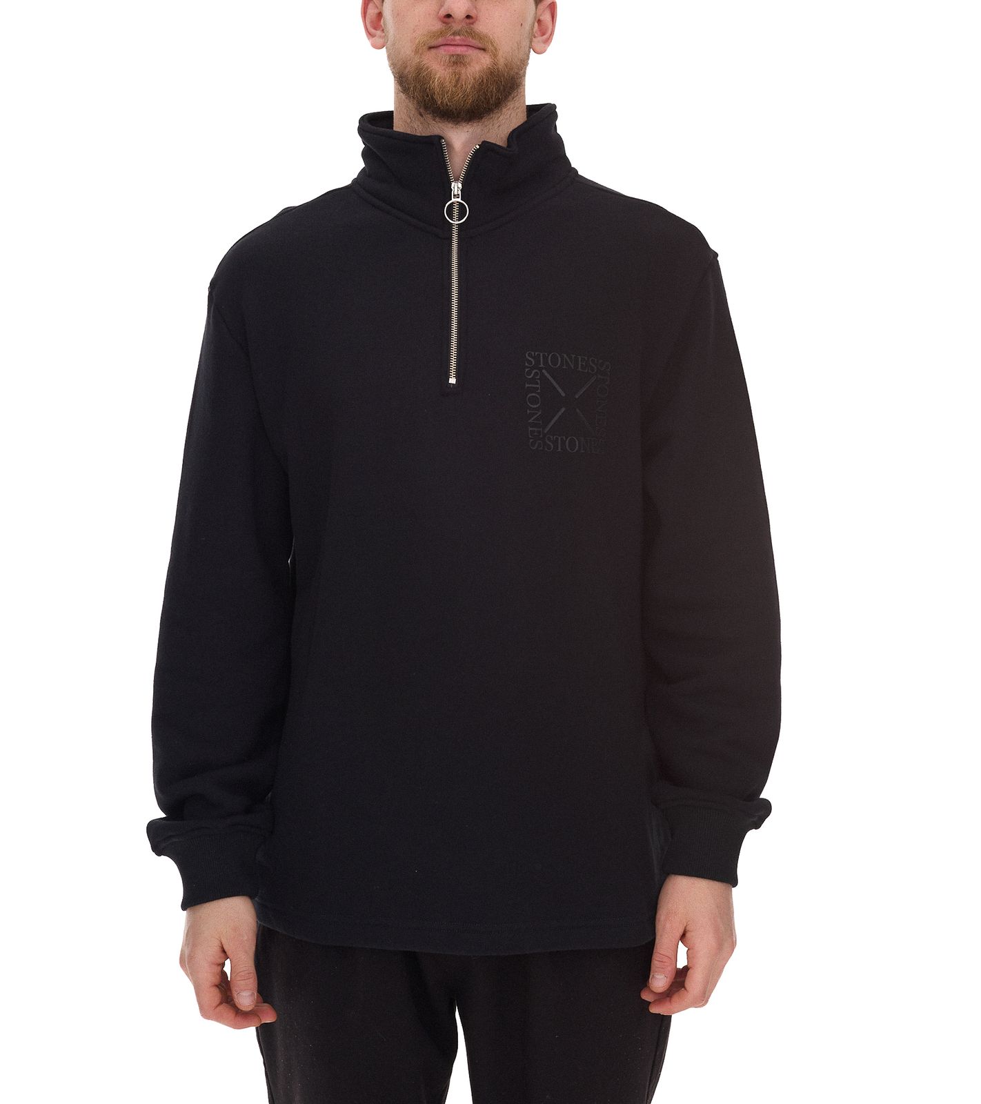 STONES Herren Pullover  Oversized-Zipper moderner Baumwoll-Zipper Troyer 400gsm mit Stehkragen mit Logo-Stickerei Schwarz von STONES
