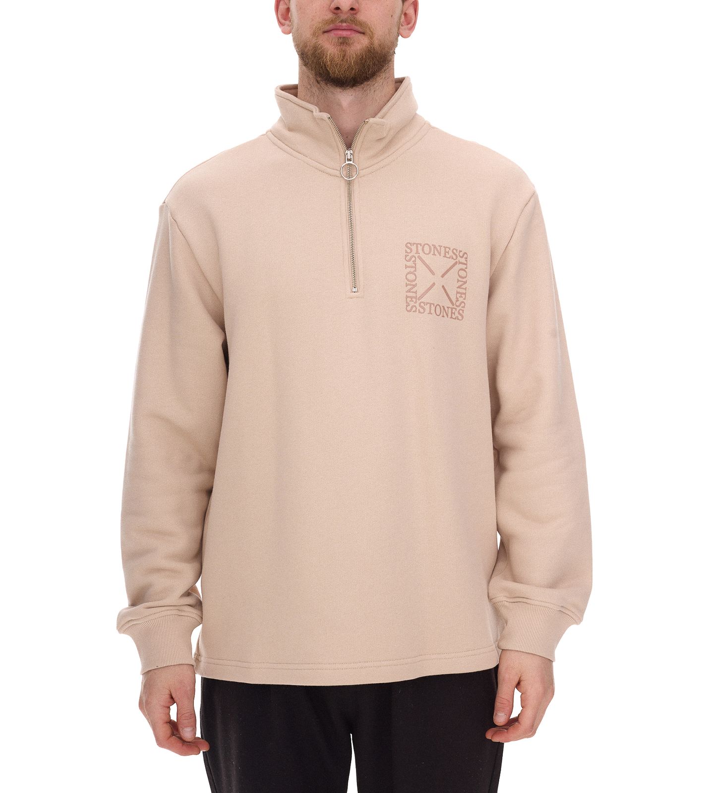 STONES Herren Sweater mit Reißverschluss moderner Troyer-Pullover mit Stehkragen Baumwoll-Pullover 400gsm mit Logo-Stick Oversized-Fit Beige von STONES