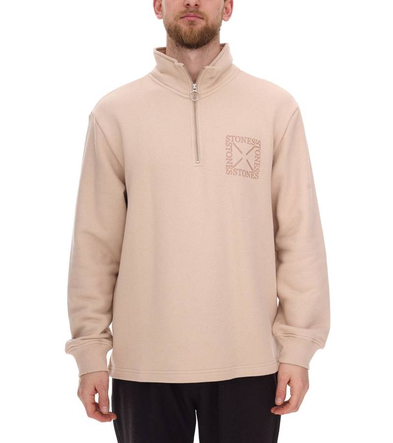 STONES Herren Sweater mit Reißverschluss moderner Troyer-Pullover mit Stehkragen Baumwoll-Pullover 400gsm mit Logo-Stick Oversized-Fit Beige von STONES