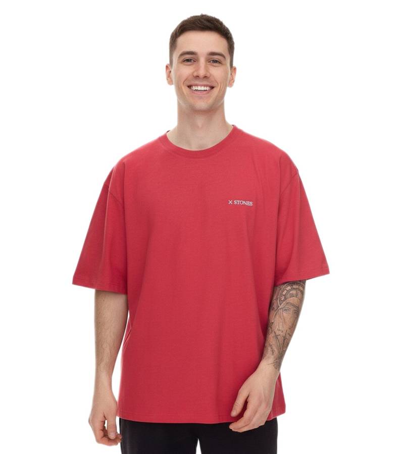 STONES Herren T-Shirt schlichtes Baumwoll-Shirt mit Rundhals und Stick-Logo Kurzarm-Shirt 240gsm Oversized Rot von STONES