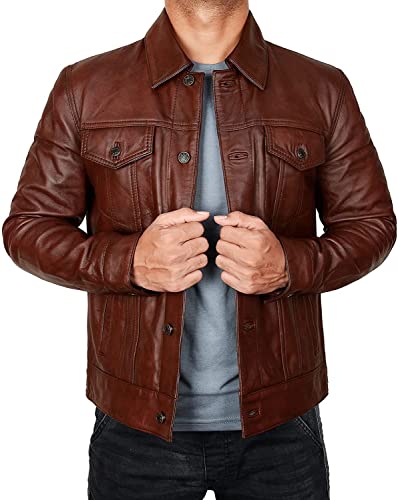 Herren Trucker Lederjacke Slim Fit Classic Trucker Echtleder Jacke, Fernando Lederjacke für Herren, Hellbraun, XXX-Large von STOREJEES