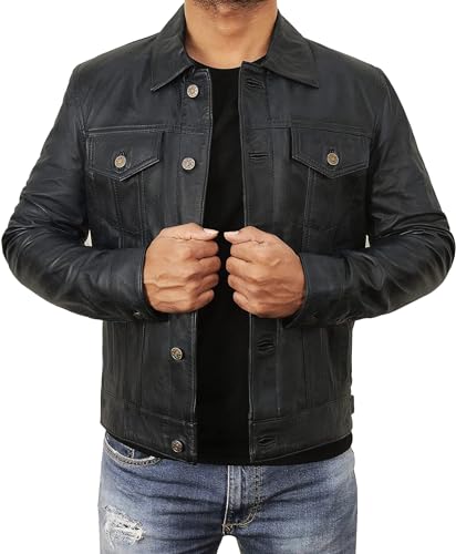 Herren Trucker Lederjacke Slim Fit Classic Trucker Echtleder Jacke, Schwarze Trucker Lederjacke, Medium von STOREJEES