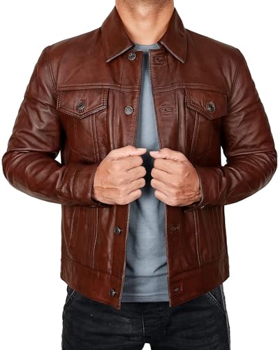 STOREJEES Vintage Style Trucker Jacke Herren - Klassische Mode Motorrad Lederjacke für Herren, Trukcer Jacke - Braun, Large von STOREJEES