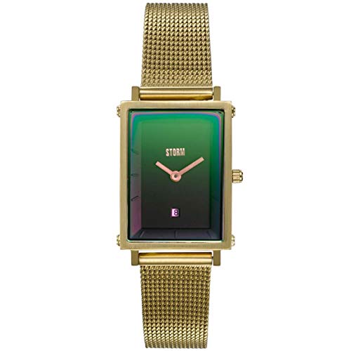 STORM London Issimo Gold Lazer Green, Damenuhr, Edelstahlgehäuse, Mesh Armband, Analoguhr, 3 bar Wasserdicht, Viereckig, Datumsfunktion von STORM