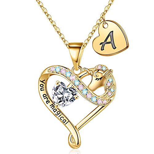 STORUP Einhorn-Geschenke für Mädchen, 14 Karat vergoldet, bunter Zirkonia, Herzanhänger, Einhorn-Halskette, Buchstaben-Initiale, Einhorn-Halskette für Mädchen, Frauen, Schmuck, Einhörner, Geschenke STORUP Einhorn-Geschenke für Mädchen, 14 Karat vergoldet, bunter Zirkonia, Herzanhänger, Einhorn-Halskette, Buchstaben-Initiale, Einhorn-Halskette für Mädchen, Frauen, Schmuck, Einhörner, Geschenke von STORUP