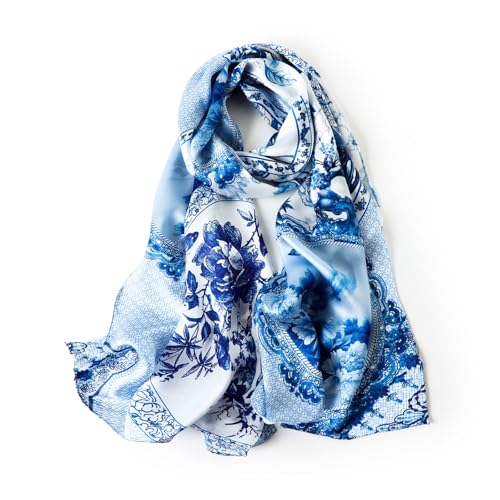 STORY OF SHANGHAI Seidenschal Damen 100% Seide, 20+ Bunte Luxuriöse Schals, Warm & Weich, als Stola Seidentuch Halstuch Pashmina - 53 * 170 cm Vintage Blau-Weiß von STORY OF SHANGHAI
