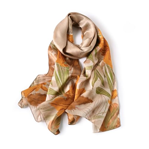 STORY OF SHANGHAI Seidenschal Damen 100% Seide, Natur Silk Scarf for Women, Luxuriöse Seidentuch Halstuch, Stola Als Geschenk, Warm Leicht und Weich, Mit Motiv 53 * 170 cm,Hell Gelb Blumen von STORY OF SHANGHAI