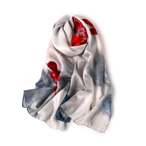 STORY OF SHANGHAI Seidenschal Damen 100% Seide, Natur Silk Scarf for Women, Luxuriöse Seidentuch Halstuch, Stola Als Geschenk, Warm Leicht und Weich, Mit Motiv 53 * 170 cm,Roter Lotus von STORY OF SHANGHAI