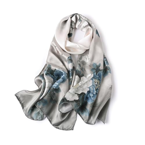 STORY OF SHANGHAI Seidenschal Damen 100% Seide, Natur Silk Scarf for Women, Luxuriöse Seidentuch Halstuch, Stola Als Geschenk, Warm Leicht und Weich, Mit Motiv 53 * 170 cm,Schmetterling Blau Blumen von STORY OF SHANGHAI