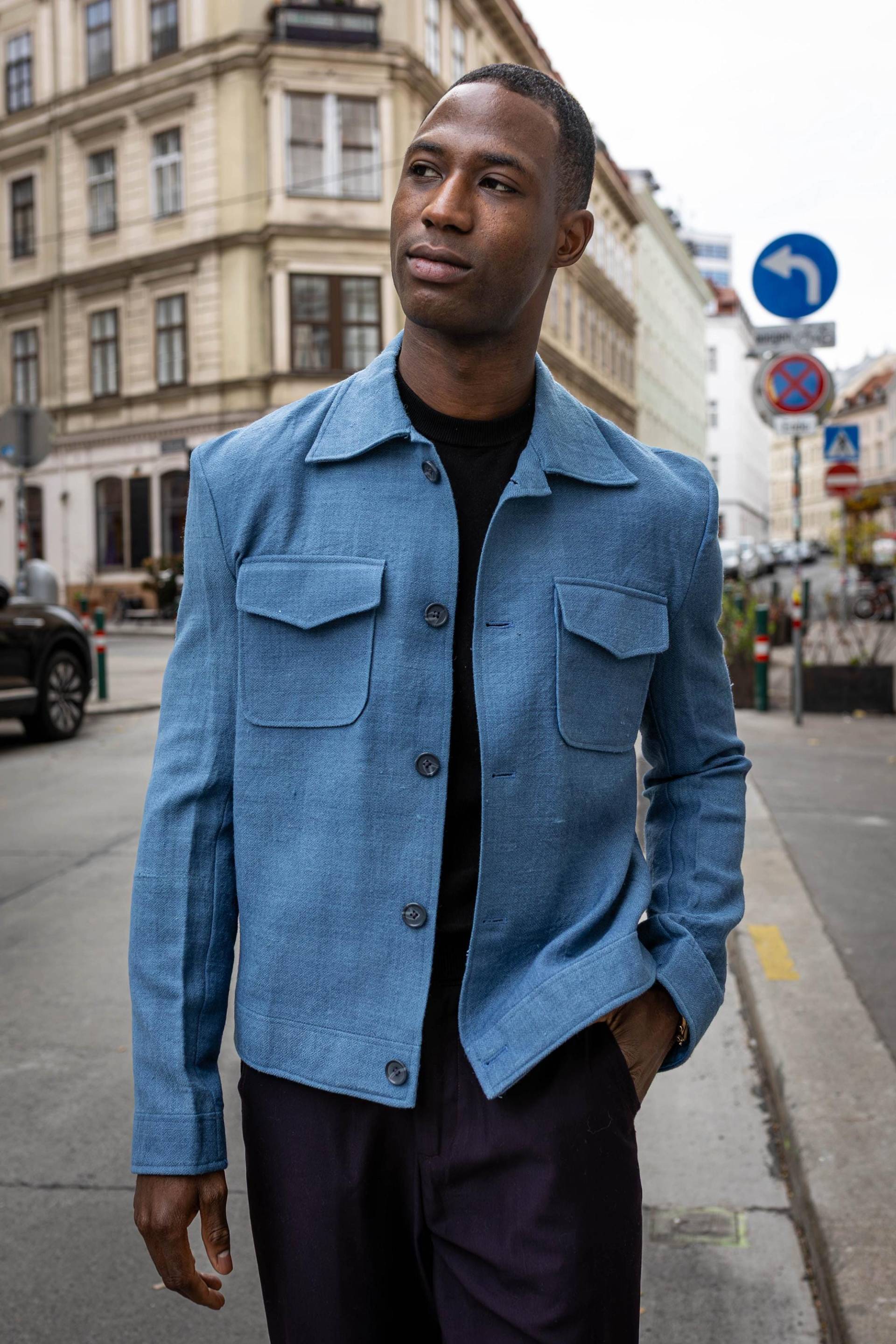 Handgewebte Jacke Aus Merinowolle | Indigo Gefärbt Unisex Häuschen Overshirt Wolle von STOVARIA