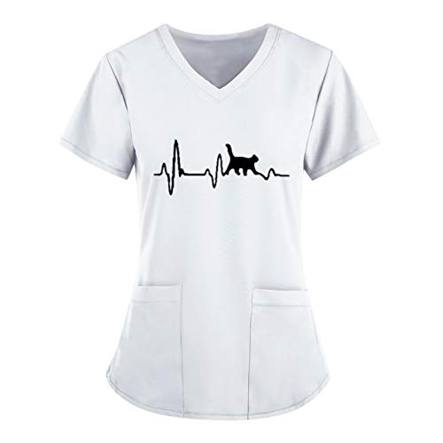 STPT Bunte kasacks Damen Schlupfhemd Bluse Kurzarm V-Neck Mischgewebe Kasack Damen Pflege mit Liebe Motiv Bunt Uniform Berufsbekleidung Krankenschwester Kleidung, White-d, M von STPT