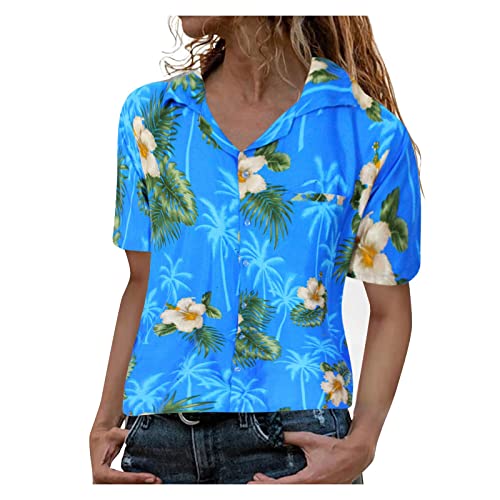 STPT Damen Funky Hawaiihemd Blusen Fronttasche Blatt Palmendruck Mode Elegant Knopf Casual Top Weißes Hemd Jungen, M, #1-light Blue von STPT