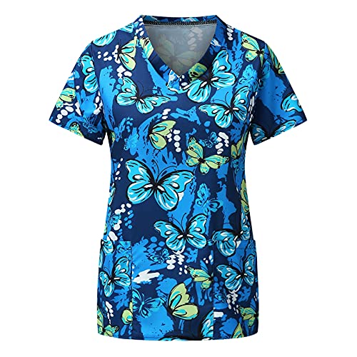 STPT Damen Kasacks Damen Pflege Bunt Motiv Kurzarm Oberhemd Pflege Uniform Cartoon-Tierdruck Mit Motiv V-Ausschnitt Arbeitskleidung Schlupfhemd Kasack Berufsbekleidung Tunika T-Shirts Tops, Blau, L von STPT